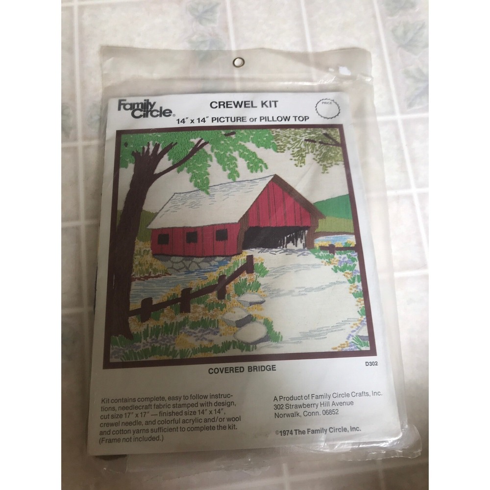 Vintage Family Circle crewel Kit Red covered Bridge